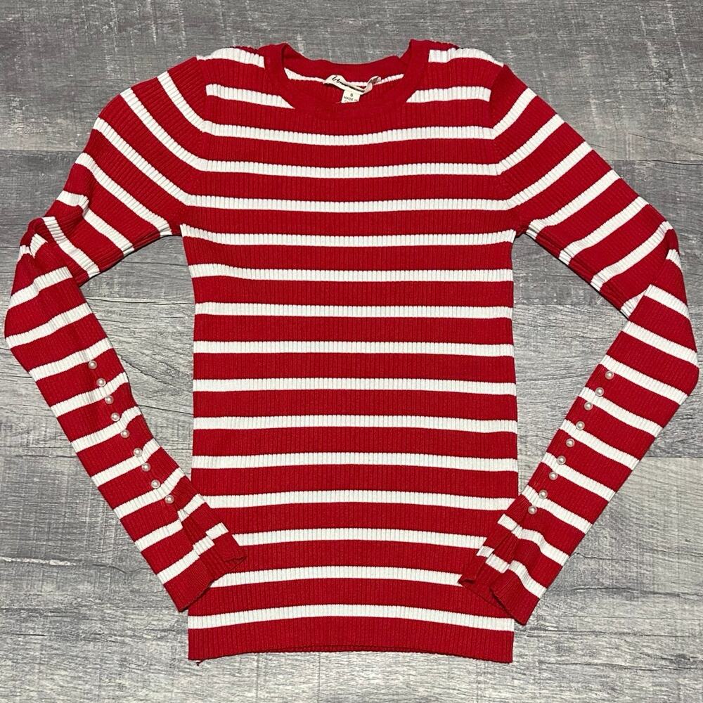 Vine & Love Red White Stripe Sweater Womens XS Ribbed Fitted Pearl Button Sleeve